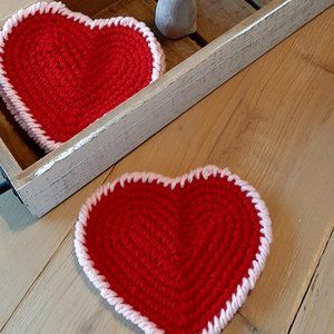 crochet red hearts with pink boarder set of 4